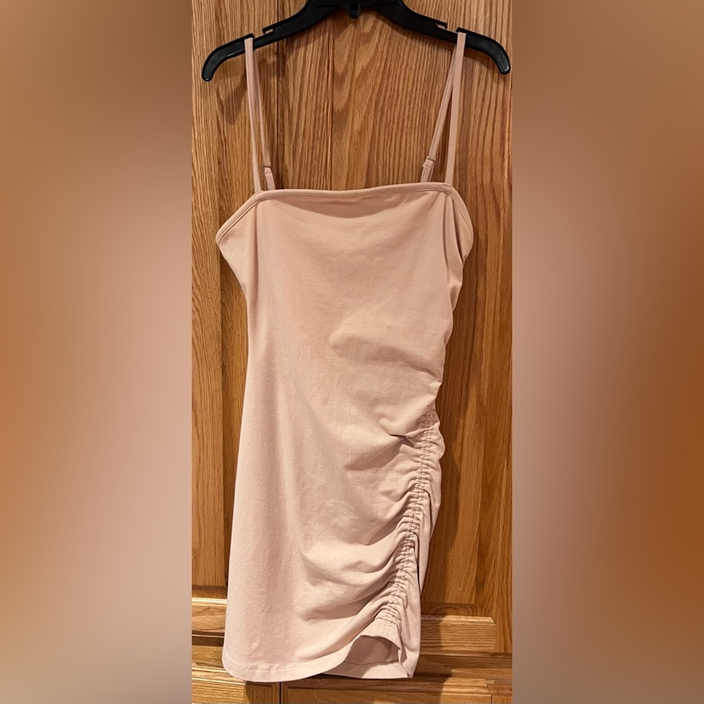 Urban Outfitters Side Ruched Straight Neck Bodycon Mini Dress in Nude Size Small